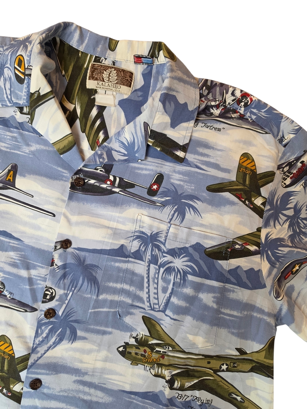 Kalaheo Mens Shirt Large Blue Vintage Airplane Print Hawaiian Tropical Travel